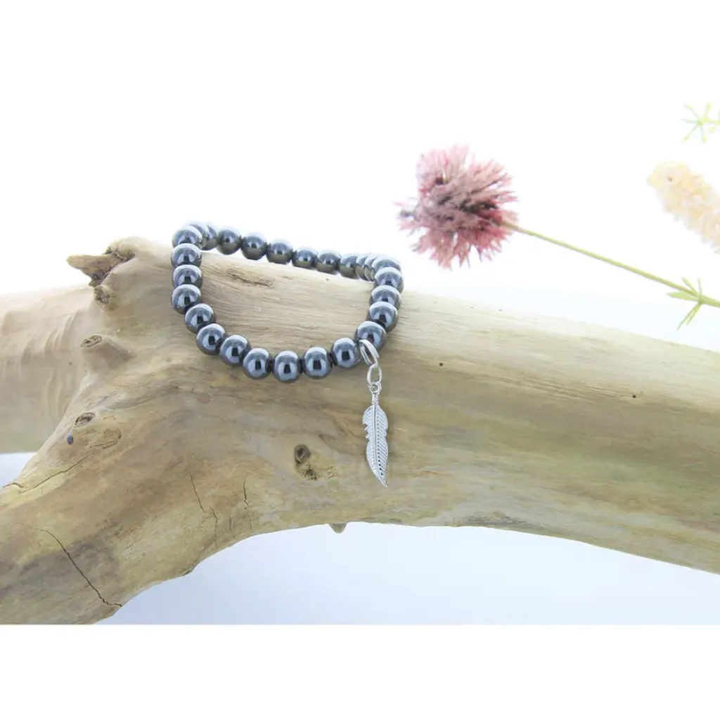 Fabrique de Styles Bracelet hématite perles rondes 8mm et plume* Bijoux Fantaisie