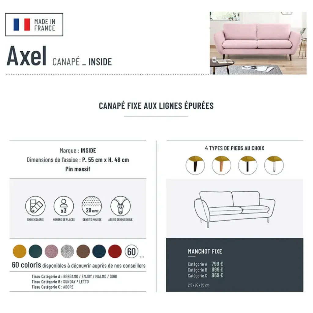 Fabrique de Styles Canapé fixe 3 places Axel - Tissu - Enjoy Vert D'Eau* Canapés Fixes