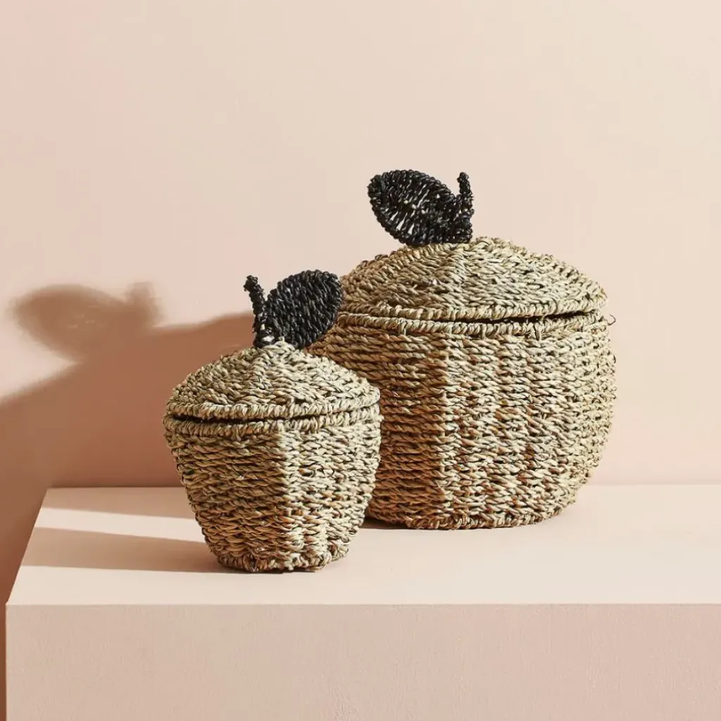 Fabrique de Styles Corbeilles pomme avec couvercle x2 en jonc de mer+fer - Sweet Dream* Paniers Et Corbeilles