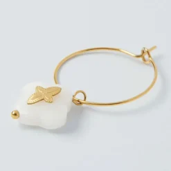 Fabrique de Styles Créoles x2 trefle doré+blanc h35mm acier inoxydable+jade* Bijoux Fantaisie