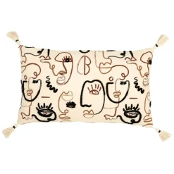 Fabrique de Styles Housse de coussin rectangulaire visage brodée écru, et noir 50x30cm - terre brulée* Coussins Et Housses