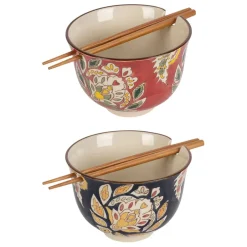 Fabrique de Styles Lot de 2 bols et baguettes en grès et bambou d13xh9.5cm - Orchila* Bols Et Coupelles