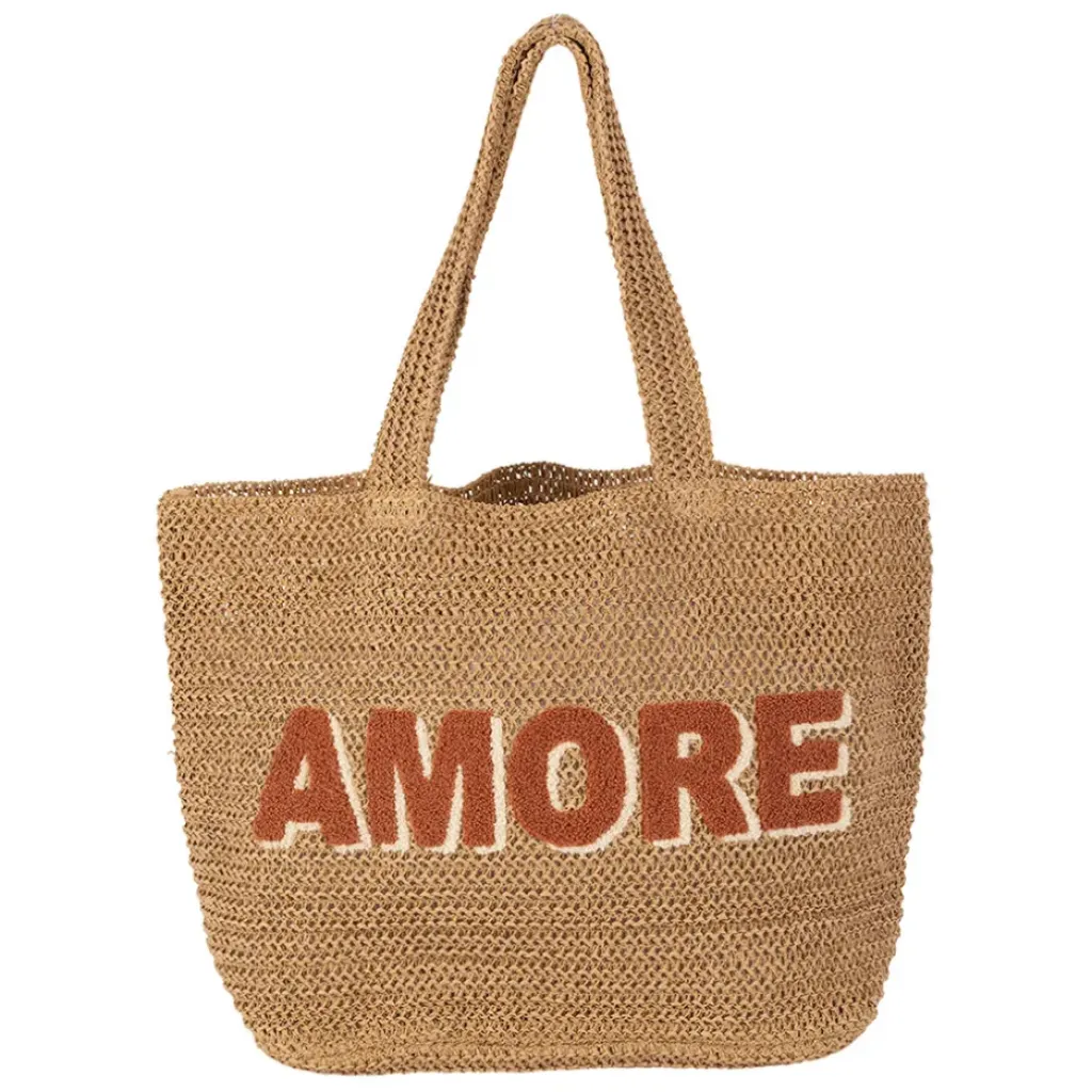 Fabrique de Styles Sac brodé "amore" en corde de papier naturel et terracotta - Lumi* Sacs Et Cabas