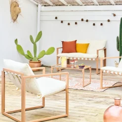 Fabrique de Styles Salon de jardin 4 places en fer avec coussins blanc - Cagliari*Enfant Salons De Jardin|Jardin