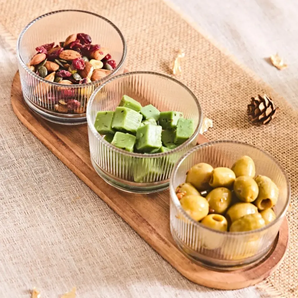 Fabrique de Styles Set apéritif acacia avec 3 coupelles verre 28x10cm* Bols Et Coupelles