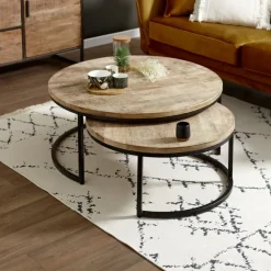 Fabrique de Styles Table basse gigogne ronde (lot de 2) en manguier et fer noir - Noe* Table Basses