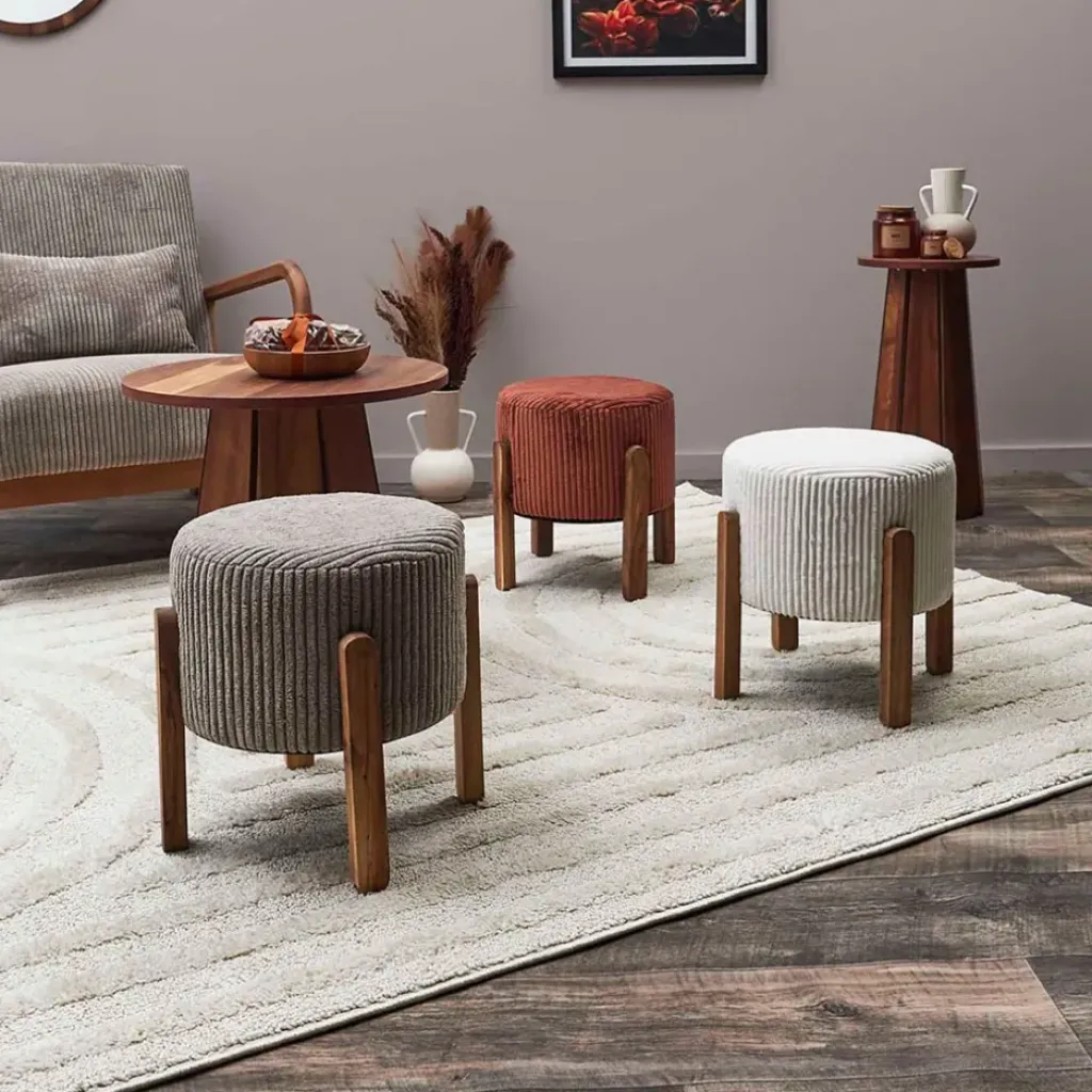 Fabrique de Styles Tabouret en tissu côtelé et bois d'acacia - Scarlett* Poufs Et Tabourets